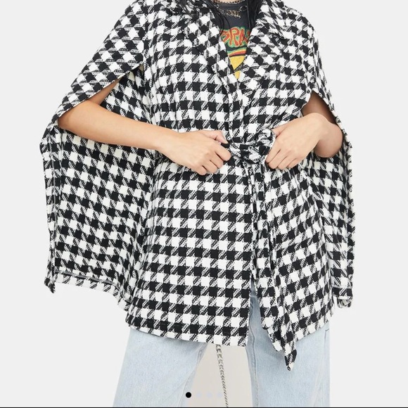 Shein Houndstooth Pattern Belted Tweed Cape Coat Size Small Elegant Fall Trendy - Picture 11 of 11
